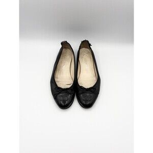 Chanel Black Leather Ballet Flats CC Logo Cap Toe Bow Accent Size EU 37.5